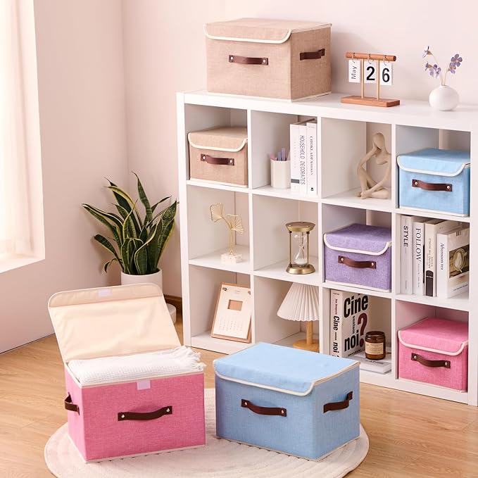 2PCS Storage Boxes with Lid Cotton Linen Fabric Storage Bins Organizer Container Decorative Collapsible Washable Shelf Closet Baskets Faux Leather Handles Home Bedroom (Pink, Large)