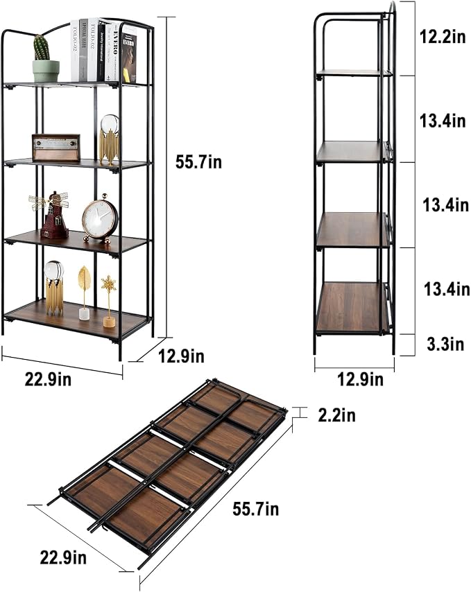 Crofy 4-Tier Foldable Bookshelf, Black Frame & Walnut Shelves | No-Assembly Collapsible Portable Storage Organizer; Sturdy Walnut Finish Shelves; Ideal for Living Room & Home Office