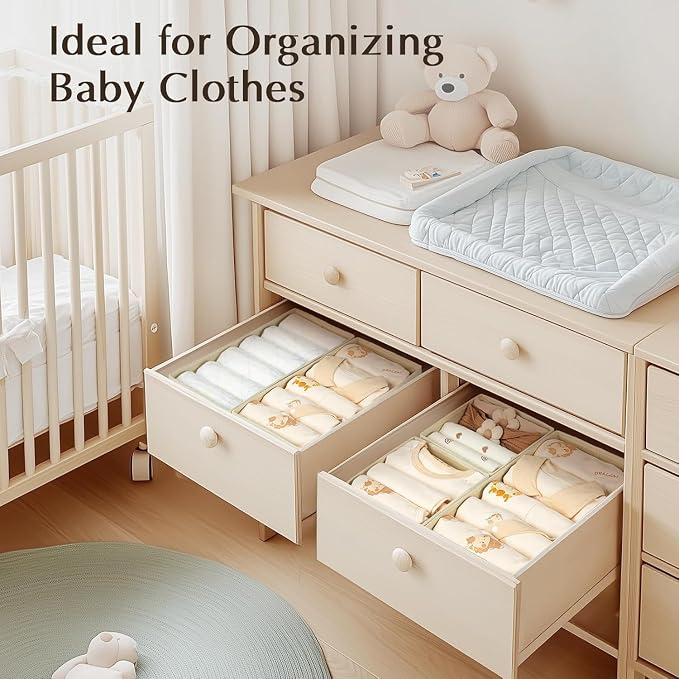 DIMJ Drawer Organizers Clothes, Set of 6 Dresser Organizer Bins, Fabric Closet Organizers and Storage, Shallow Drawer Dividers for Nursery, Clothing, Baby Clothes, Socks, Underwears, Tie (Beige)