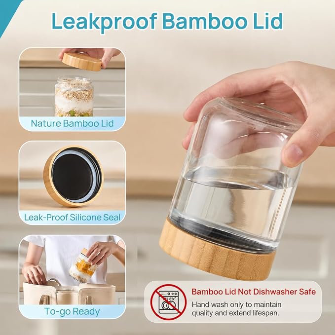 Vtopmart 6 Pack 16oz Glass Overnight Oats Containers with Bamboo Lids | Airtight, Leak Proof, Good Grade, Wide Mouth, Reusable, Portable, For Yogurt Chia Pudding Salad Pickling Snacks