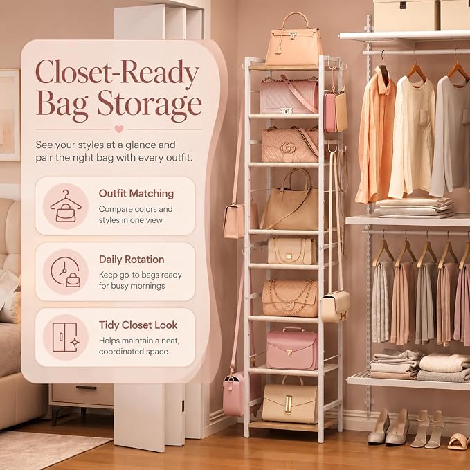 8-Tier Narrow Purse Organizer for Closet, Tall Vertical Purse Rack for Small Spaces, Corner Handbag Storage Display Shelf with Adjustable Fabric Shelves & 8 Hooks for Small & Medium Tote Bags, Bedroom