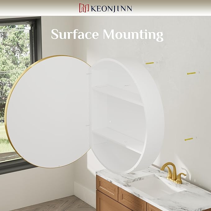 Keonjinn 20x20 Inch Round Gold Medicine Cabinet Mirror for Bathroom, Gold Surface Mount Medicine Cabinet with Mirror, Circular Framed Mirrored Medicine Cabinets, Modern Cabinet with Vanity Mirrors