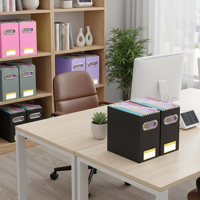 BALEINE File Organizer Box, Cardboard File Folder Organizer with Handle for Letter Size, Portable Collapsible Hanging Filing Box for Home Office Document Storage (4 Pack, Black)