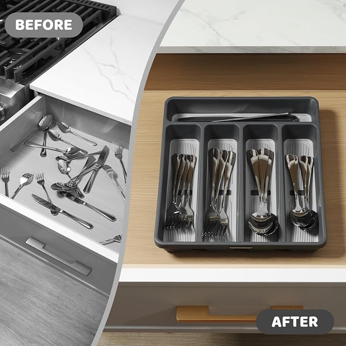 shopwithgreen Silverware Organizer with Cutlery Icons，Silverware Tray for Kitchen Drawer，Plastic Flatware Drawer Organizer Utensil Organizer with Non-slip TPR Linings，5-Compartment Silverware Caddy