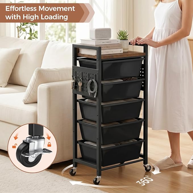 6 Tier Rolling Cart with Drawers, Plastic Drawer Storage Craft Cart with Pegboards & Hooks, Metal Utility Cart with Wheels & Wooden Tabletop, Classroom Office Art Supply Organizers and Storage, Black