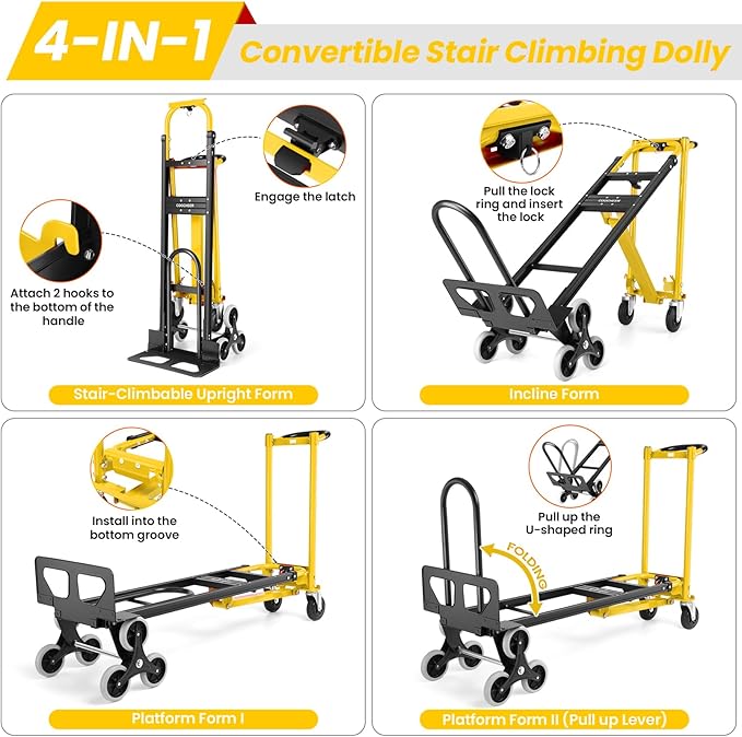 4-in-1 Hand Truck Dolly Heavy Duty Industrial Convertible, 1000 LBS Stair Climbing Cart Utility Cart Converts from Hand Trucks Dolly to Platform Cart Folding Stair Climbing Cart (Yellow)