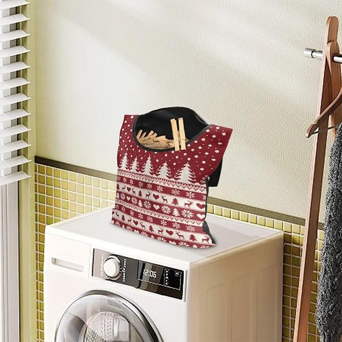 Red Fair Isle Reindeer Clothespin Bag Laundry Hanging Storage Organizer with Rope Clothespin Holder with an Extra Large Opening for Clothesline Outdoor Clothespins Storage with Hanger Hook