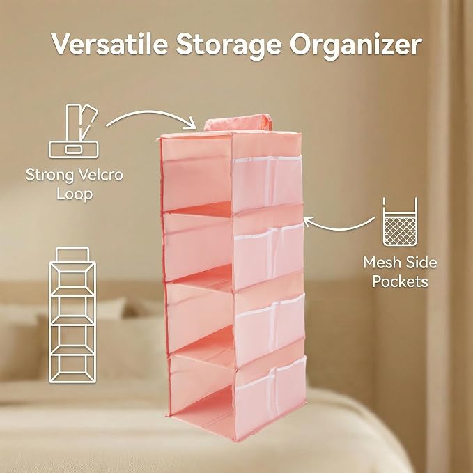 4-Shelf Closet Hanging Organizer Foldable Hanging Storage Shelves with Strong Magic Tapes Space-Saving Wardrobe Hanging Shelf for Clothes Towels Accessories Pink