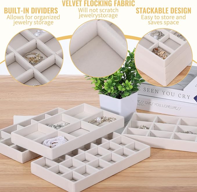24 Pack Stackable Jewelry Organizer Trays, 4 Size Velvet Tray for Drawer | beige flocked lining, protects rings necklaces, grid compartments, different sizes, fits countertop display, gift