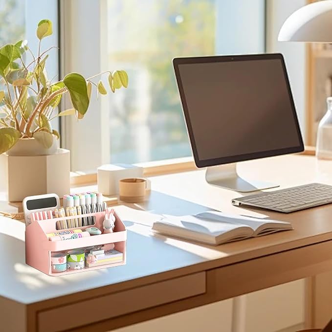 SAYEEC Desk Organizer with Drawer, Multi-Functional Pencil Pen Holder with Handle and 6 Compartments, Cute Makeup Organizer Storage Box, Desktop Accessories Caddy for Office School Home Art Supplies