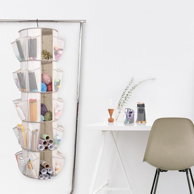 5 Tier Rotating Hanging Closet Organizer with 40 Mesh Pockets, 360 Degree Hanging Storage Organizer, Canvas Closet Shelf Organizer for Shoes, Sweaters, Hats, Bags, Toys, Bedroom, Nursery, Closet