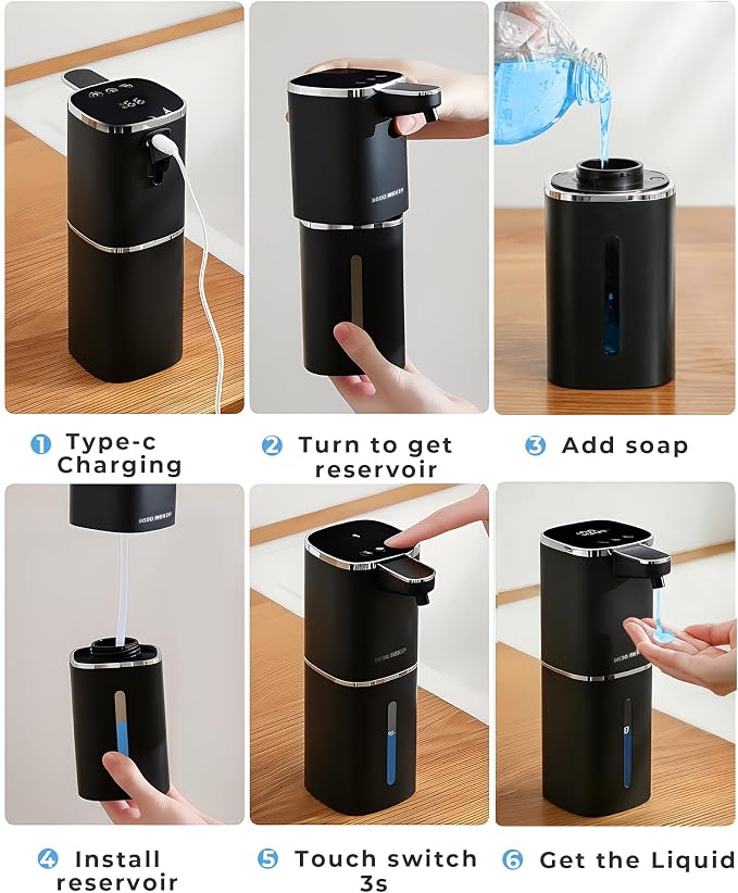 Automatic Soap Dispenser, USB Rechargeable, Touchless & Wall/Tabletop | 13.5oz/400mL, 9-Level Adjustable, IPX5 Waterproof，Compatible with Thick Thin Dish Soap for Kitchen Bathroom, Black