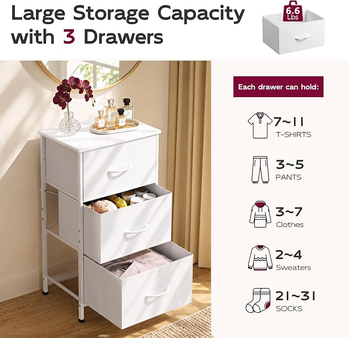 WLIVE Nightstand with 3 Drawers, Fabric Dresser, Organizer Unit, Storage Dresser for Bedroom, Hallway, Entryway, Closets, Sturdy Steel Frame, Wood Top, Easy Pull Handle, White
