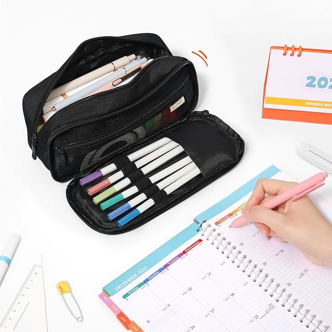 SUNEE Pencil Case, Large Capacity Pencil Pouch, Extra Big Pencil Bag with 6 Compartments, Durable Canvas Pencil Box for Office Stationery Organizer, Back to School Supplies for Teen Boys Girls, Black