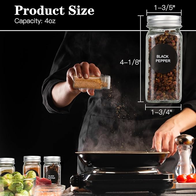 DkOvn 12/24/48 Pack Glass Spice Jars, 4oz Empty Spice Jars | with Metal Caps, Labels, Shaker Lids, Collapsible Funnel, Chalk Pen, Seasoning Organizer for Spice Rack