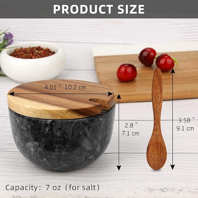 Marble Salt Cellar Box with Wood Lid & Spoon, Modern Black Stone Salt or Pepper Sugar Spice Seasoning Bowl Container Jar Holder Well Keeper Dish Pig Crock for Kitchen