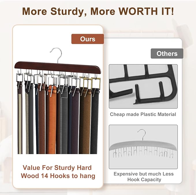 Belt Hanger for Closet Max 42 Belts, Sturdy Wood Belt Rack Closet Accessories with 14 Hooks Belt Organizer for Closet Organizers and Storage - Mahogany 1 Pack