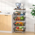 CHLORYARD Fruit Basket with Wooden Lid for Kitchen, 5-Tier Stackable Wire Fruit Vegetable Storage Basket Organizer Stand on Wheel, Produce Basket Potato Onion Storage Bins Rack Cart for Pantry