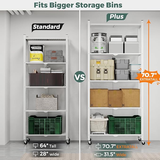 DEANIC 70.7" Tall Extra Large 5-Tier Folding Storage Shelf with Wheels, No Assembly Collapsible Metal Rack with Leveling Feet for Garage, Pantry, Basement, Vendor Display, Kitchen(White,1 Pack)