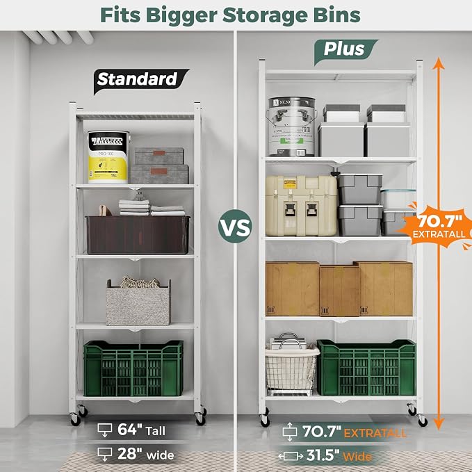 DEANIC 70.7" Tall Extra Large 5-Tier Folding Storage Shelf with Wheels, No Assembly Collapsible Metal Rack with Leveling Feet for Garage, Pantry, Basement, Vendor Display, Kitchen(White,2 Pack)