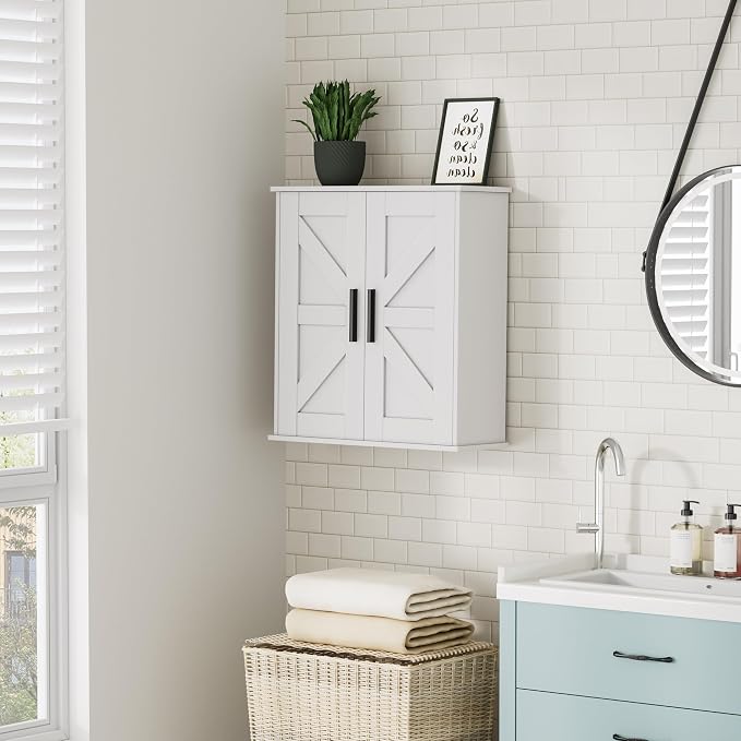 Homleke Bathroom Wall Cabinet, Medicine Cabinet with Adjustable Shelves | 3-Tier Wall Mounted Over Toilet Storage with Barn Doors, for Bathroom, Kitchen, Entryway, Laundry Room, White, (7.9" D)