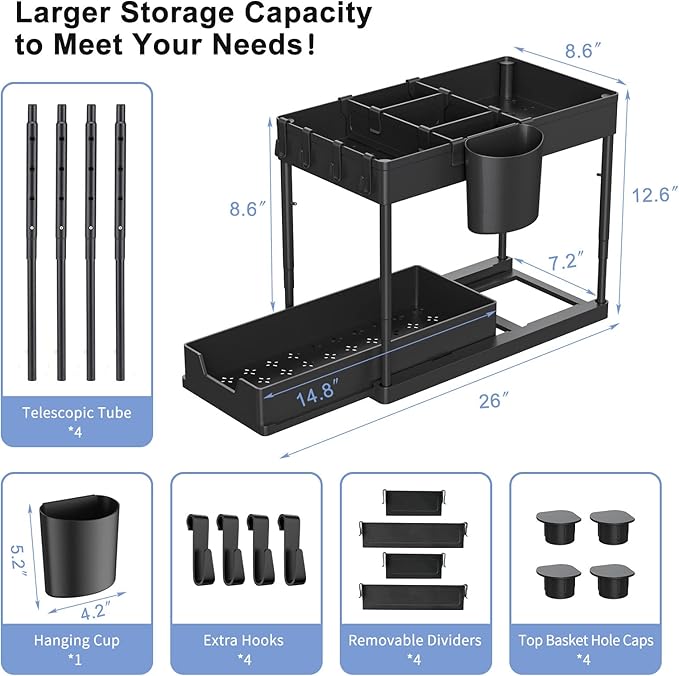 Under Sink Organizers and Storage, 2 Tier Black Bathroom Cabinet Organizer with 4-Height Adjustable Telescopic Tube,4 Removable Dividers,4 Hooks,1 Cup, Kitchen Under Sink Organizer,1 Pack