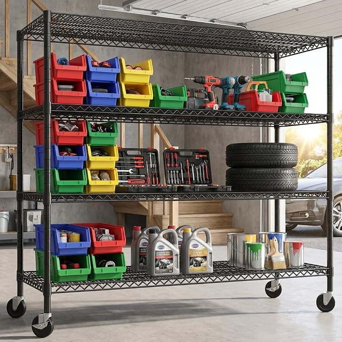 REIBII 60" W Storage Shelves 2878LBS Metal Shelving Unit with Wheels Heavy Duty Garage Shelving Adjustable Wire Shelves for Pantry,Kitchen,Garage,Basement,Business,Warehouse,School,60”W ×24”D×65.3”H
