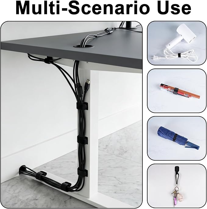 Cable Management Under Desk,Detachable Cable Management,Adjustable Hook and Loop Cable Ties,Reusable Cable Management Under Desk,Cable Clips Under Desk,20Pack(Black)