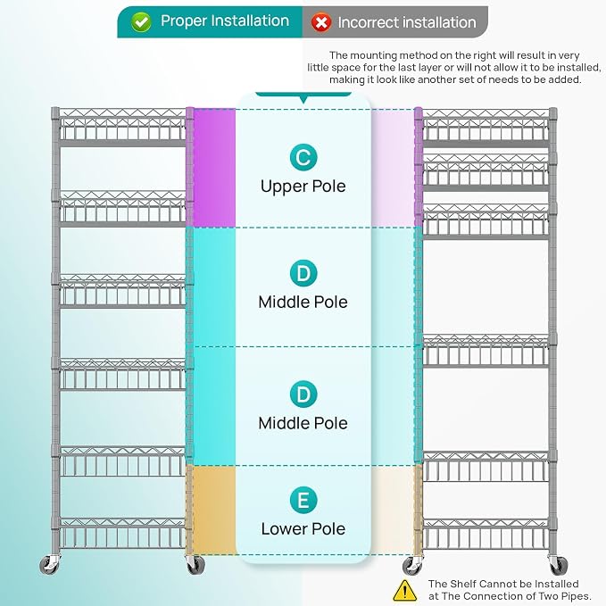 SINGAYE 6 Tier Shelf Wire Shelving Adjustable Storage Shelves Basket Rack | Adjustable Shelves with Wheels Metal Storage Unit Closet Bathroom Organizers Pantry Kitchen Garage Laundry Room Gray