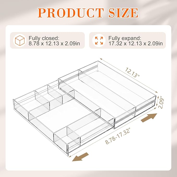 Briwooody Acrylic Drawer Organizer Clear Desk Drawer Organizer Trays with Adjustable Compartments Desk Accessories for Office Stationery Makeup Silverware Bathroom (Expandable Style 2)