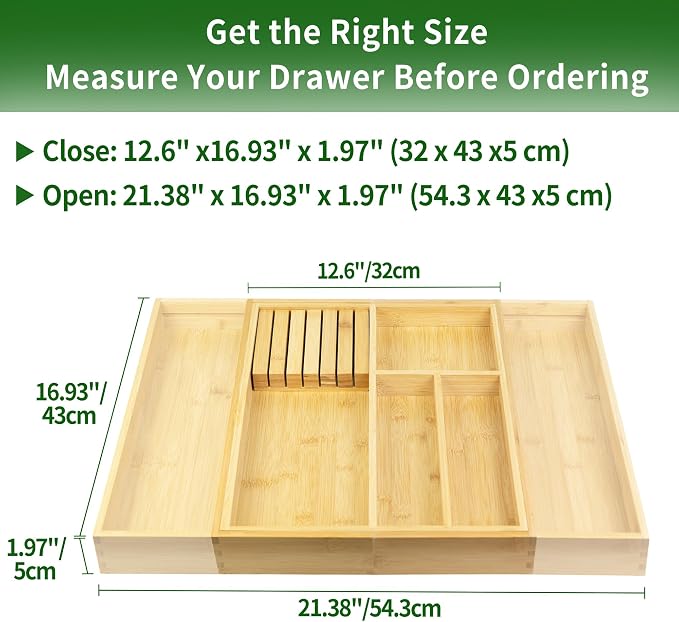 VaeFae Bamboo Silverware Drawer Organizer Kitchen, Expandable Utensil Organizer with Knife Block, Cutlery Tray with Divider, Multifunctional Drawer Organizer