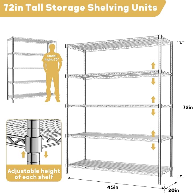 ROOMTEC 5-Tier Wire Shelving Unit,45" W*20" D*72" H,Max Load 2000LBS | Heavy Duty Garage Shelving, Adjustable Storage Shelves, Metal Shelf Rack for Kitchen, Laundry, Pantry, Warehouse, Basement