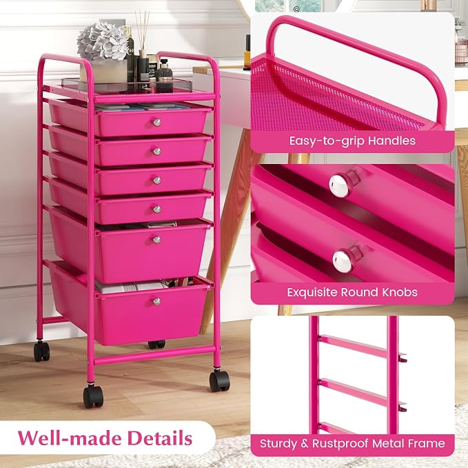 GOFLAME 6-Drawer Rolling Storage Cart, Multifunctional Art Craft Organizer, Mobile Utility Storage with Removable Drawers & Lockable Wheels, Craft Cart for Home Office, Hot Pink