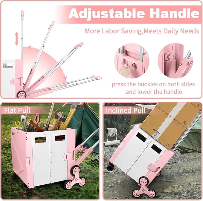 FELICON Folding Climber Utility Cart Rolling Crate Tote on Rotate Wheels with Adjustable Handle Hidden Lid Cup Holder Storage Bin for Teacher Office File Move Shop Travel Laundry Grocery(Pink White)