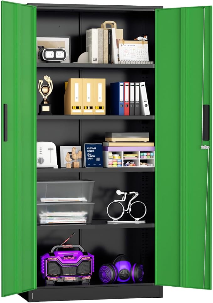 Superday Metal Storage Cabinets, 71" Storage Cabinet with Locking Door, Tall Garage Cabinet with 2 Doors and 4 Adjustable Shelves for Home Office, Classroom, Easy Assemble(Black Green)