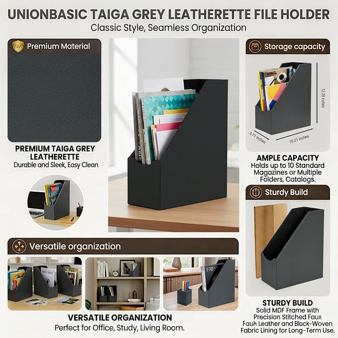 UnionBasic Magazine File Holder, Grey | Leatherette, Desktop Document Organizer, Home Office Paper Holder, File Storage Literature Sorter