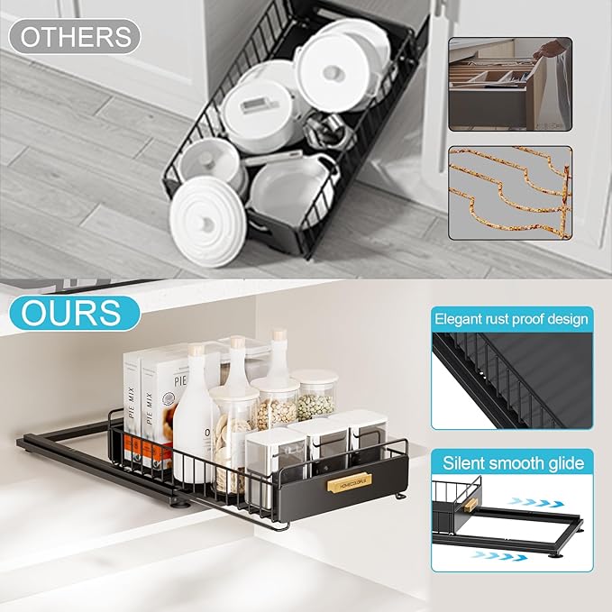 Pull Out Cabinet Organizer,Under Sink Organizer and Storage, 3 Installation Methods Slide Out Drawers for Cabinets, Multi-Purpose Storage Shelf for Kitchen, Cupboard, Bathroom 2 Pack Black