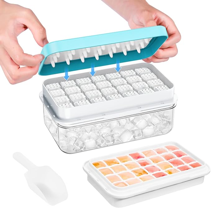0.8“ Ice Cube Tray with Lid and Bin, PHINOX 28 Cubes Ice Trays for Freezer, Ice Cube Trays for Freezer with 1 tray, Container, Lid & Ice Scoop, BPA Free, Blue(28Cubes/Tier)