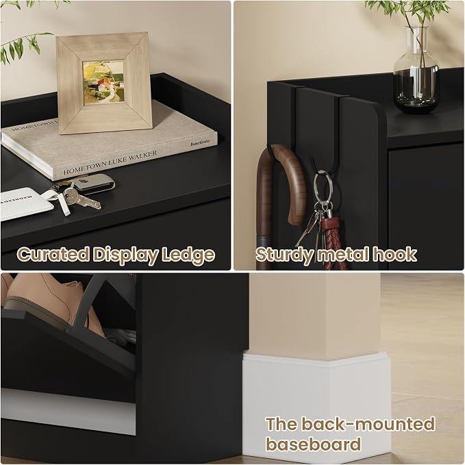 Shoe Cabinet Organizer with 3 Flip Drawers, Freestanding Shoe Storage Cabinet, Adjustable and Removable Dividers, 23.6"W x 8.7"D x 47.2"H Narrow Shoe Rack for Entryway, Foyer, Hallway, Black
