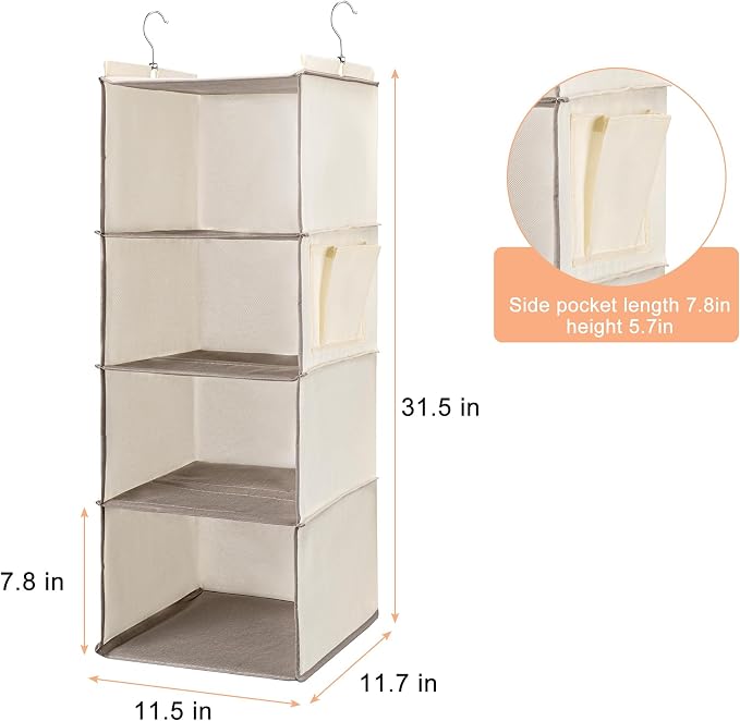 BOOMIBOO Hanging Closet Organizer and Shelves, 4 Shelves with 1 Side Pockets, Foldable, Grey Fabric, Modern Style, for Bedroom and Dorm Room (Beige)