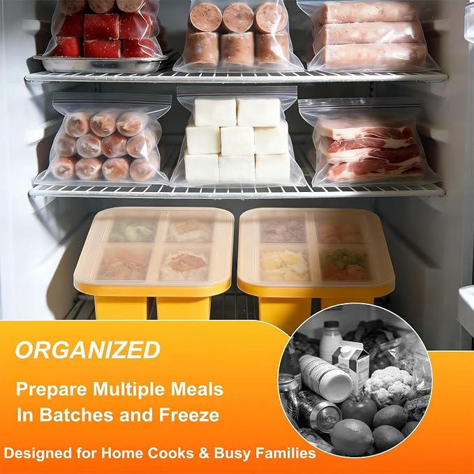 Bangp 1-Cup Silicone Freezer Molds with Lid for Soup Ice Cubes,2 Pack | Food Freezer Molds with Steel-reinforced Rim for Meal Prep,Freezing Soup,Rice,Broth & More,Makes 8 Perfect 1 Cup Portions