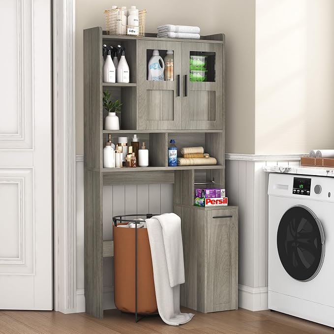 ELYKEN Over The Toilet Storage Cabinet with Pulley Bathroom Storage Cabinet, Home Space-Saving Over Toilet Rack with Glass Doors & Adjustable Open Shelf for Bathroom, Restroom, Laundry, Grey