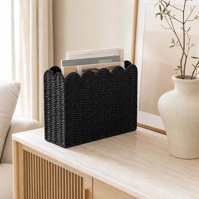 Black Paper Rope Magazine Holder, Tall Narrow Scalloped Basket | Handwoven Black Paper Rope Basket for Magazine Storage, Book Basket, Mail Organizer, File Holder 15"L x 6"W x 11"H