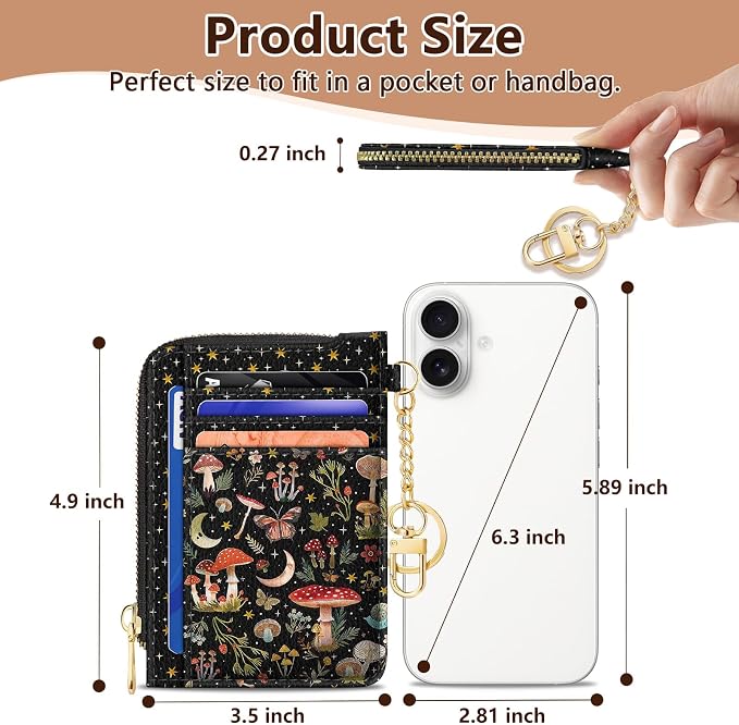 GIANCOMICS Slim Wallet Credit Card Holder Women, Mushroom Rfid Blocking Small Card Case, Keychain Thin Pocket Curved Zipper Wallet, Travel Card Holder PU Leather ID Window, Ladies Female Gifts