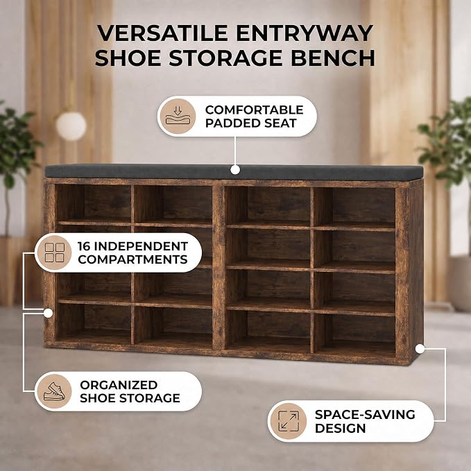Shoe Storage Bench with Cushion Shoe Rack for Entryway 16 Cubby Multifunctional Organizer Bench Entryway with Soft Sponge Cushion for Hallway Living Room Bedroom (Rustic Brown & Dark Gray)