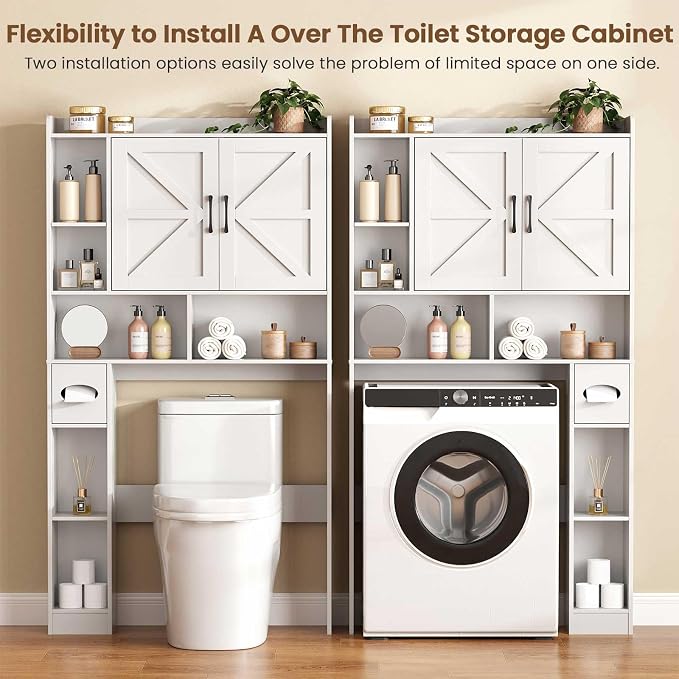 Vabches Over The Toilet Storage Cabinet with 2 Barn Doors, White | Toilet Paper Holder Stand，Home Space-Saving Toilet Rack, for Bathroom, Restroom, Laundry