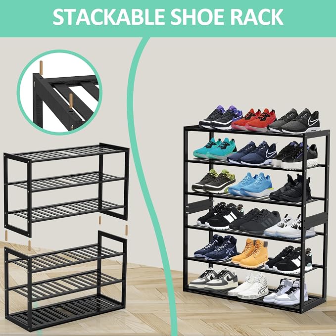 Jripae 3 Tier Bamboo Shoe Rack for Entryway Closet Bedroom Garage-27.5inch | 3 Tier Stackable Shoe Shelf Holder for Men/Women Hallway/Garage, Bookshelf, Flower Rack, Home Space Saving