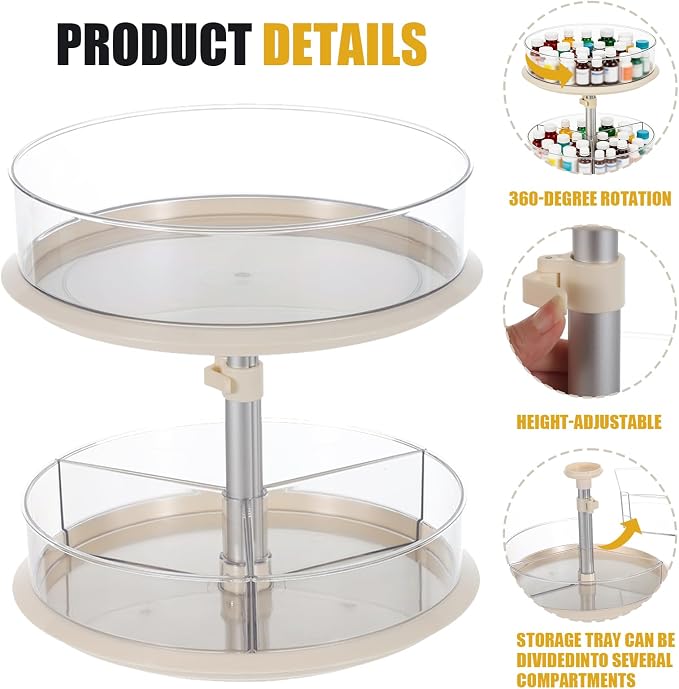 2 Tier Lazy Susan Turntable Organizer for Medicine Cabinet, 11 Inch White Rotating Spice Rack for Countertop, Pantry, Bathroom, Clear Large Storage for Bottles and Jars