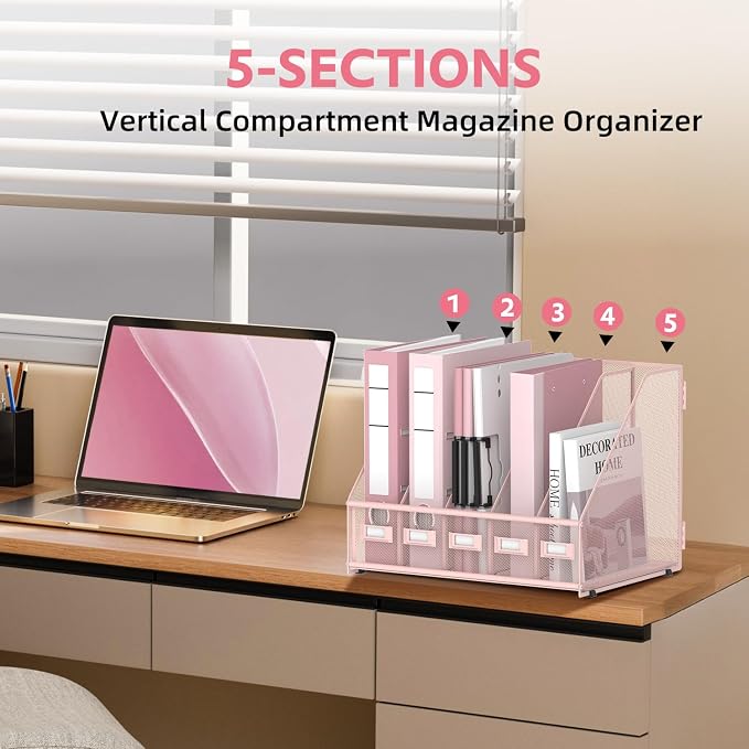 5 Vertical Compartments Magazine File Holder, Metal Binder Organizer, Pink | Space-Saving Desktop Storage, Built-In Label Holders, Anti-Slip Feet, Sized for Binders, Folders, Magazines and Files