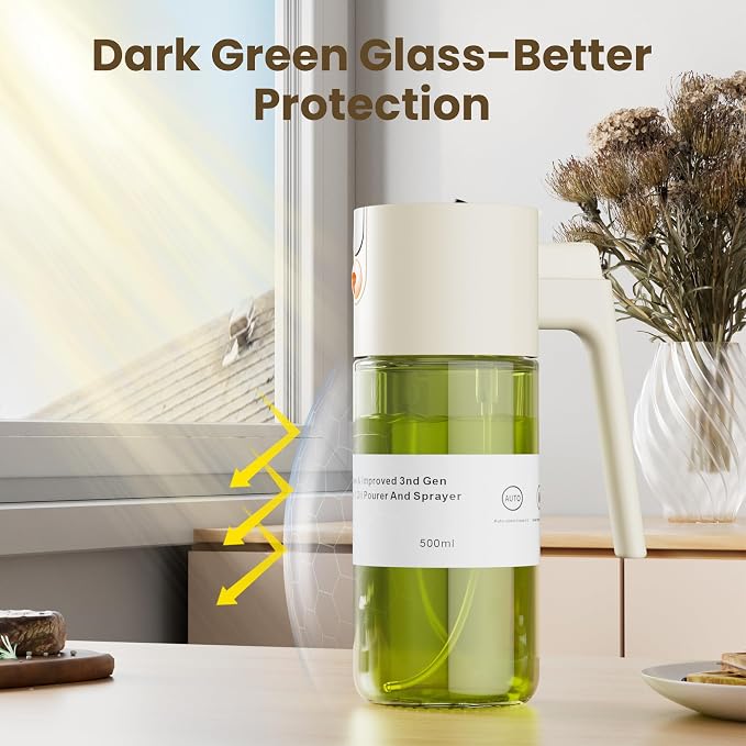 LAKUMIQI 2 in 1 Oil Sprayer & Dispenser, 17 oz Light-Blocking Glass Bottle | Large Capacity, Wide-Mouth for Easy Pouring and Cleaning, Leak-Proof Oil Bottle with Stickers for Salads, Air Fryers, BBQ